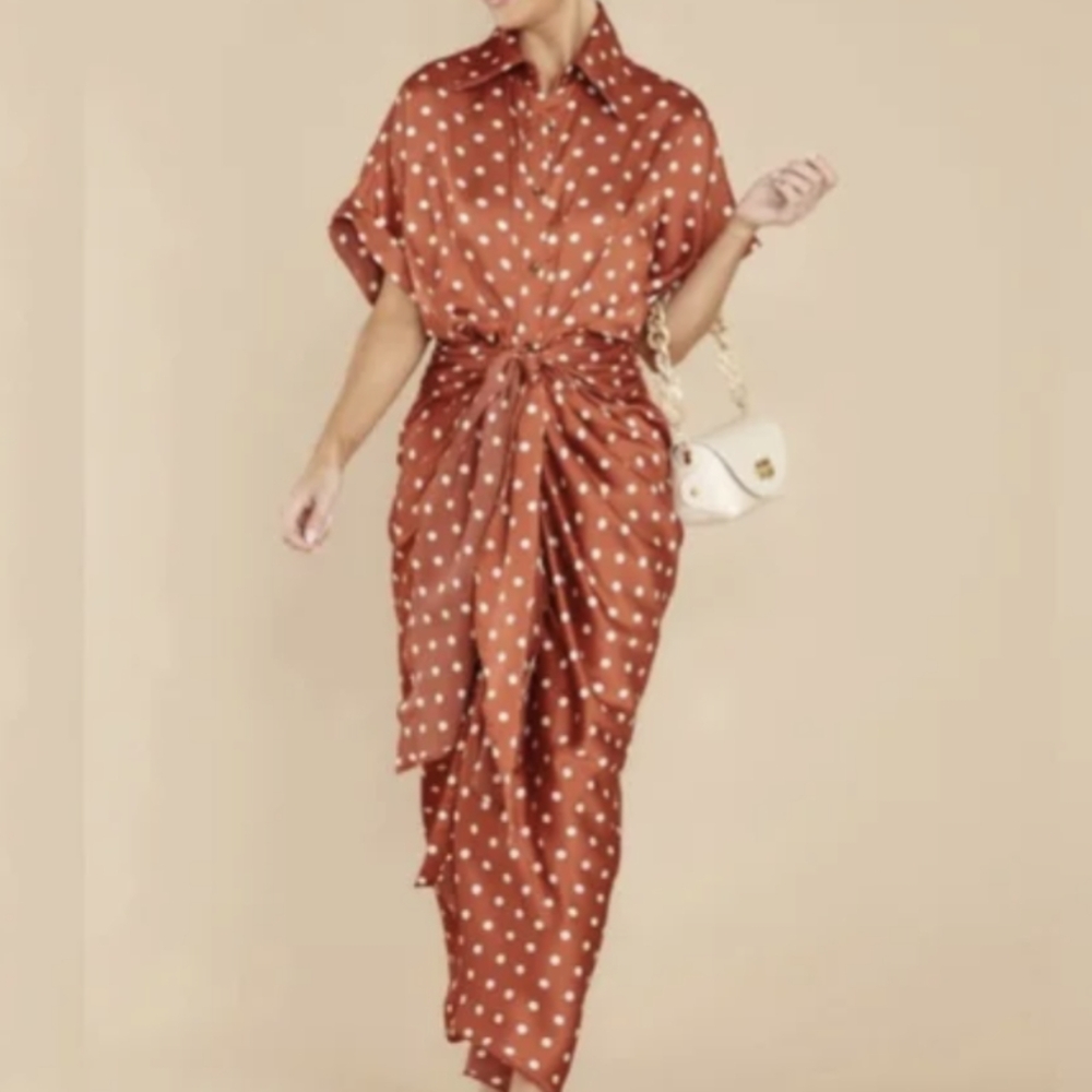 Cream Polka Dot & Copper Tie Waist Dress